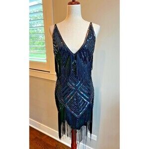 Babeyond Black Sequin Fringed Flapper Gatsby Maximalist Dress Size Small